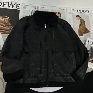 Black Faux Leather Shearling Aviator Jacket